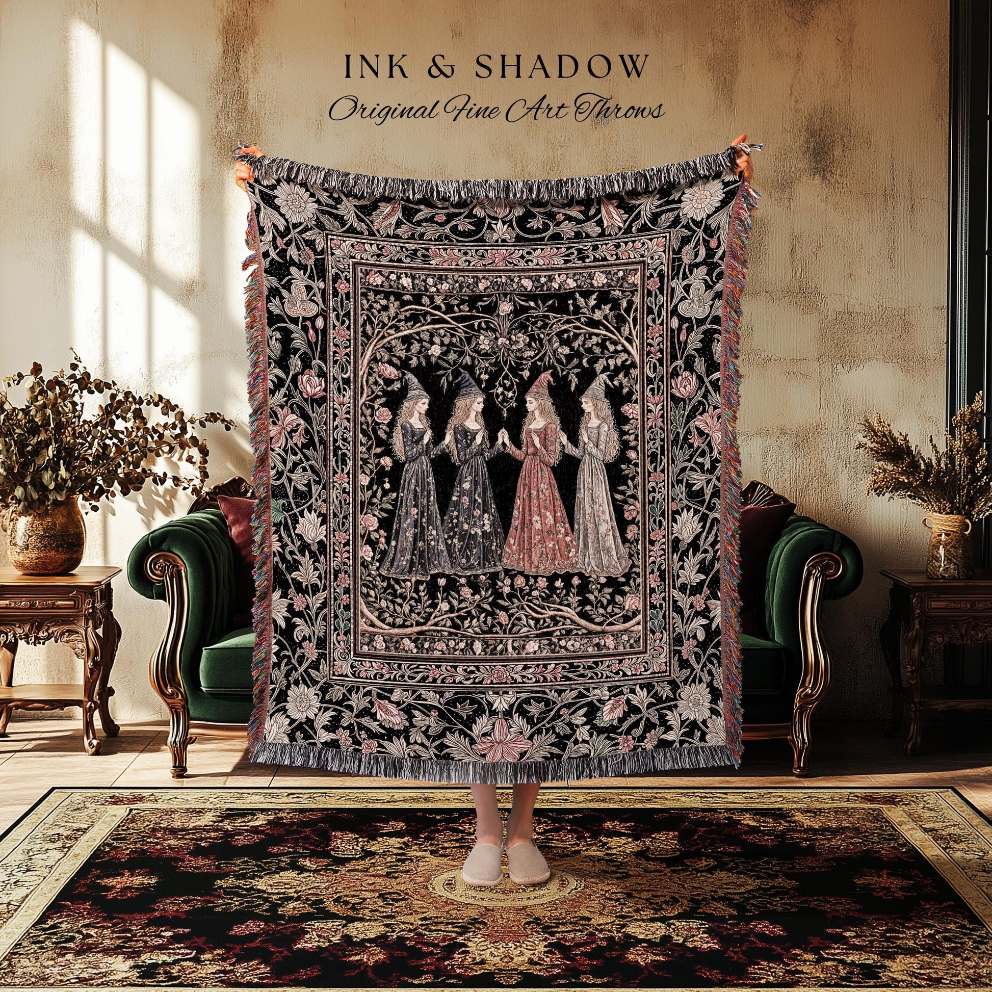 Medieval Maiden Gathering Tapestry Blanket Romantic Gothic Folklore Decor | Enchanted Botanical Courtship Woven Wall Art Fairytale Romance