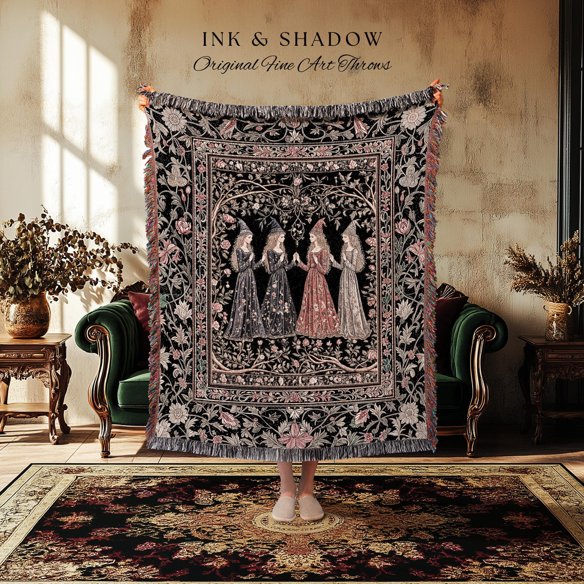 Medieval Maiden Gathering Tapestry Blanket Romantic Gothic Folklore Decor | Enchanted Botanical Courtship Woven Wall Art Fairytale Romance