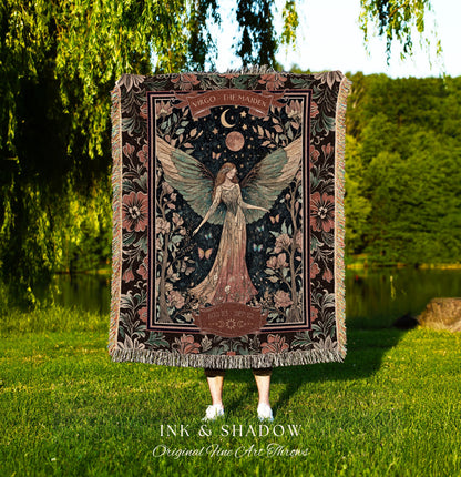 Victorian Nouveau Celestial Fairycore Virgo Zodiac Tapestry Throw | The Maiden Star Sign Dark Cottagecore Astrology Art Mystic Birthday Gift