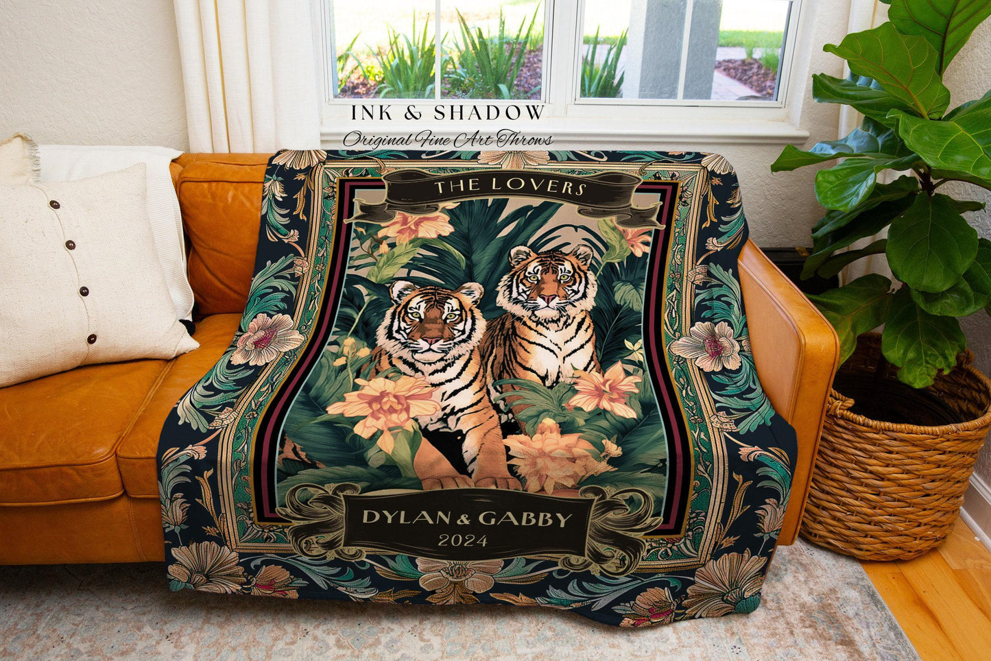 Dark Floral Tiger Couple Anniversary Throw | Woven Cotton Tapestry Tropical Wedding Anniversary Gift Throw Personalized His & Hers Names |