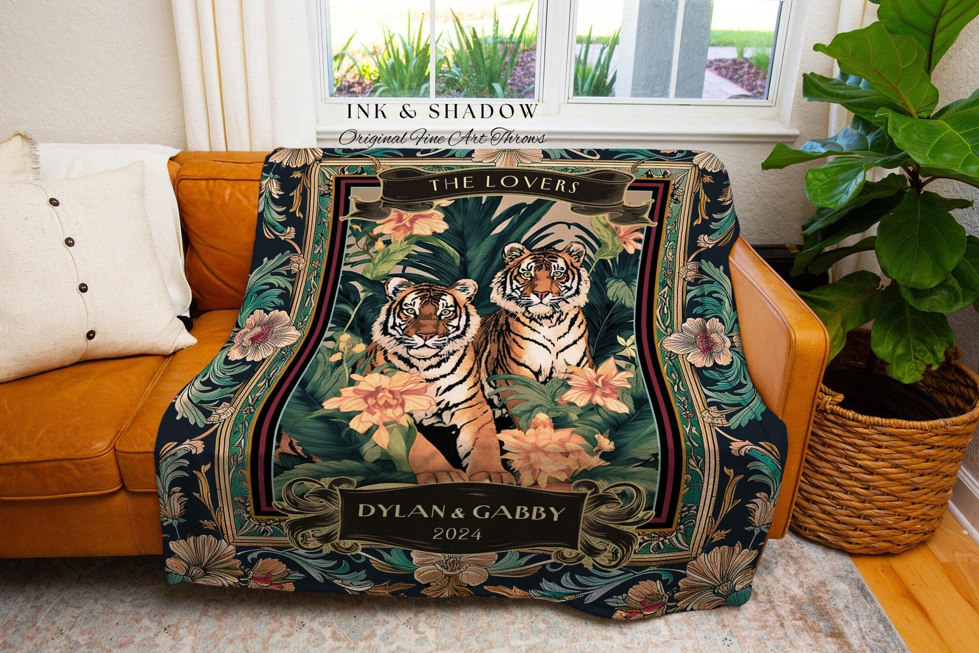 Dark Floral Tiger Couple Anniversary Throw | Woven Cotton Tapestry Tropical Wedding Anniversary Gift Throw Personalized His & Hers Names |