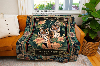 Dark Floral Tiger Couple Anniversary Throw | Woven Cotton Tapestry Tropical Wedding Anniversary Gift Throw Personalized His & Hers Names |