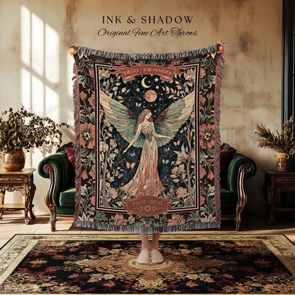 Victorian Nouveau Celestial Fairycore Virgo Zodiac Tapestry Throw | The Maiden Star Sign Dark Cottagecore Astrology Art Mystic Birthday Gift