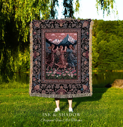 Dancing Angels Boho Woven Tapestry | Medieval Aesthetic Cottagecore Rustic Bohemian Room Decor Ethereal Throw Blanket Whimsical Home Accent