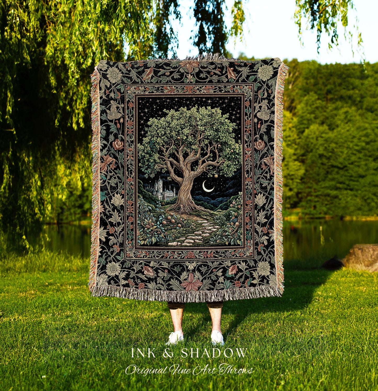 Fairytale Castle Tree of Life Throw Blanket | Celestial Forest Landscape Starry Sky Witchy Aesthetic Mystical Cottagecore Woven Tapestry |