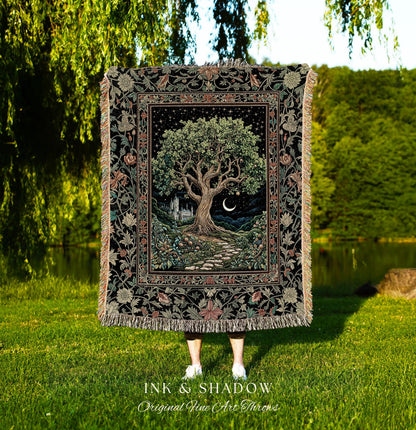 Fairytale Castle Tree of Life Throw Blanket | Celestial Forest Landscape Starry Sky Witchy Aesthetic Mystical Cottagecore Woven Tapestry |