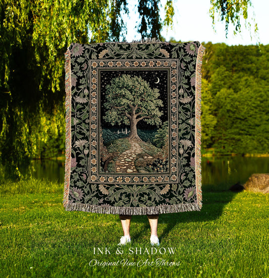 Cottagecore Moonlit Meadow Tapestry | Floral Garden Classic Pastoral Landscape Tree of Life Home Throw Blanket Aesthetic Fairytale Folklore