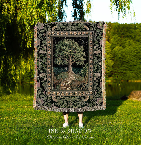 Cottagecore Moonlit Meadow Tapestry | Floral Garden Classic Pastoral Landscape Tree of Life Home Throw Blanket Aesthetic Fairytale Folklore