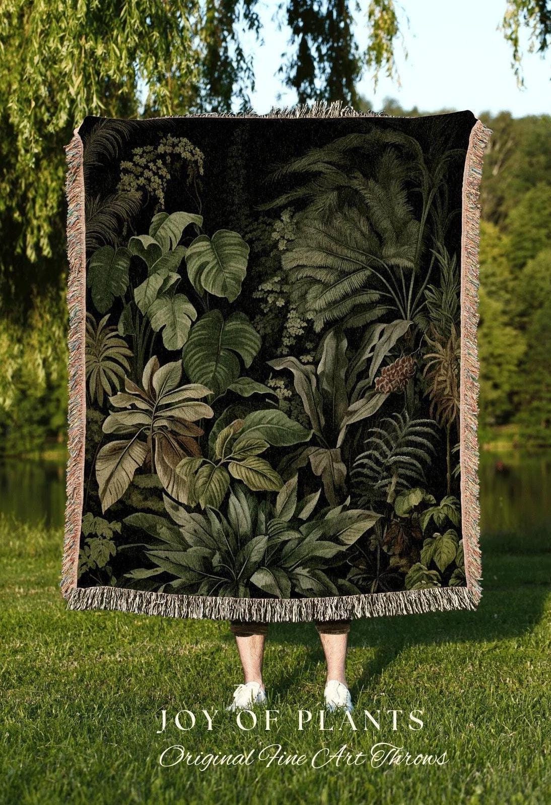 Moody Botanical Throw Blanket | Woven Cotton Throw Blanket Dark Cottagecore Botanical Blanket Forest Tapestry Goblincore Bedroom Decor Green