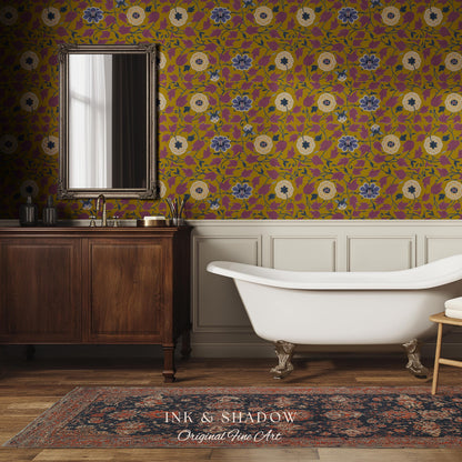 Small-Scale Floral Mustard Wallpaper | Vintage Botanical Detailed Wall Art Peel and Stick Bedroom Timeless Modern Appeal Renter Friendly |