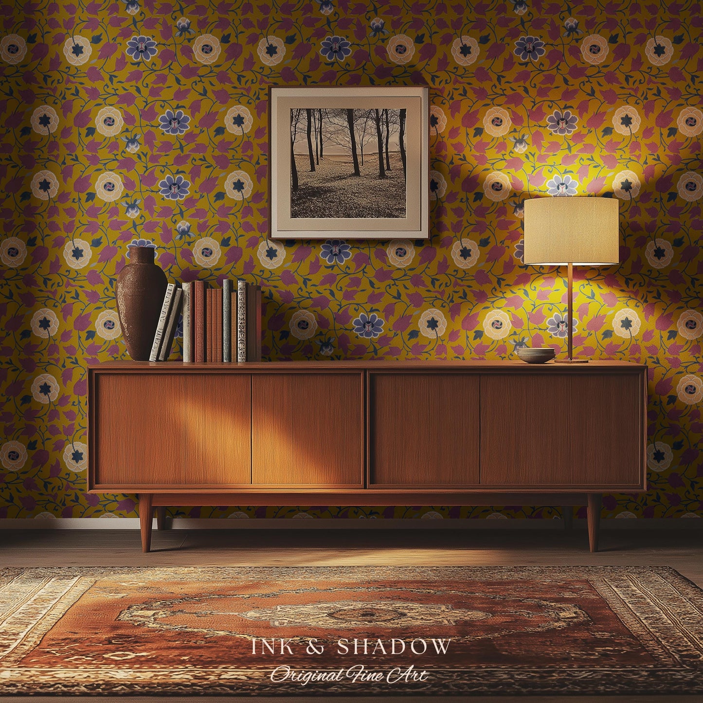 Small-Scale Floral Mustard Wallpaper | Vintage Botanical Detailed Wall Art Peel and Stick Bedroom Timeless Modern Appeal Renter Friendly |