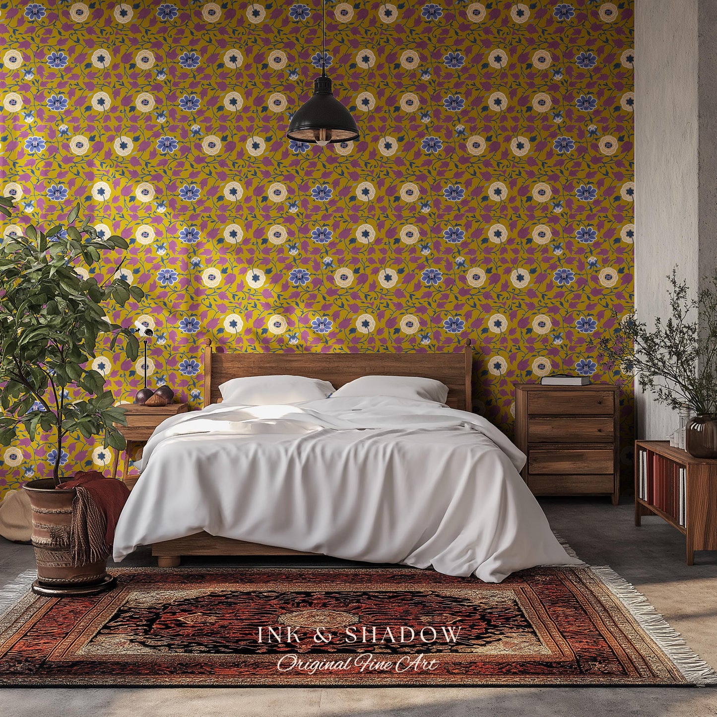 Small-Scale Floral Mustard Wallpaper | Vintage Botanical Detailed Wall Art Peel and Stick Bedroom Timeless Modern Appeal Renter Friendly |