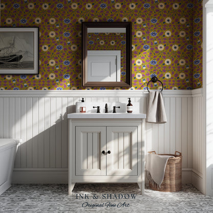 Small-Scale Floral Mustard Wallpaper | Vintage Botanical Detailed Wall Art Peel and Stick Bedroom Timeless Modern Appeal Renter Friendly |