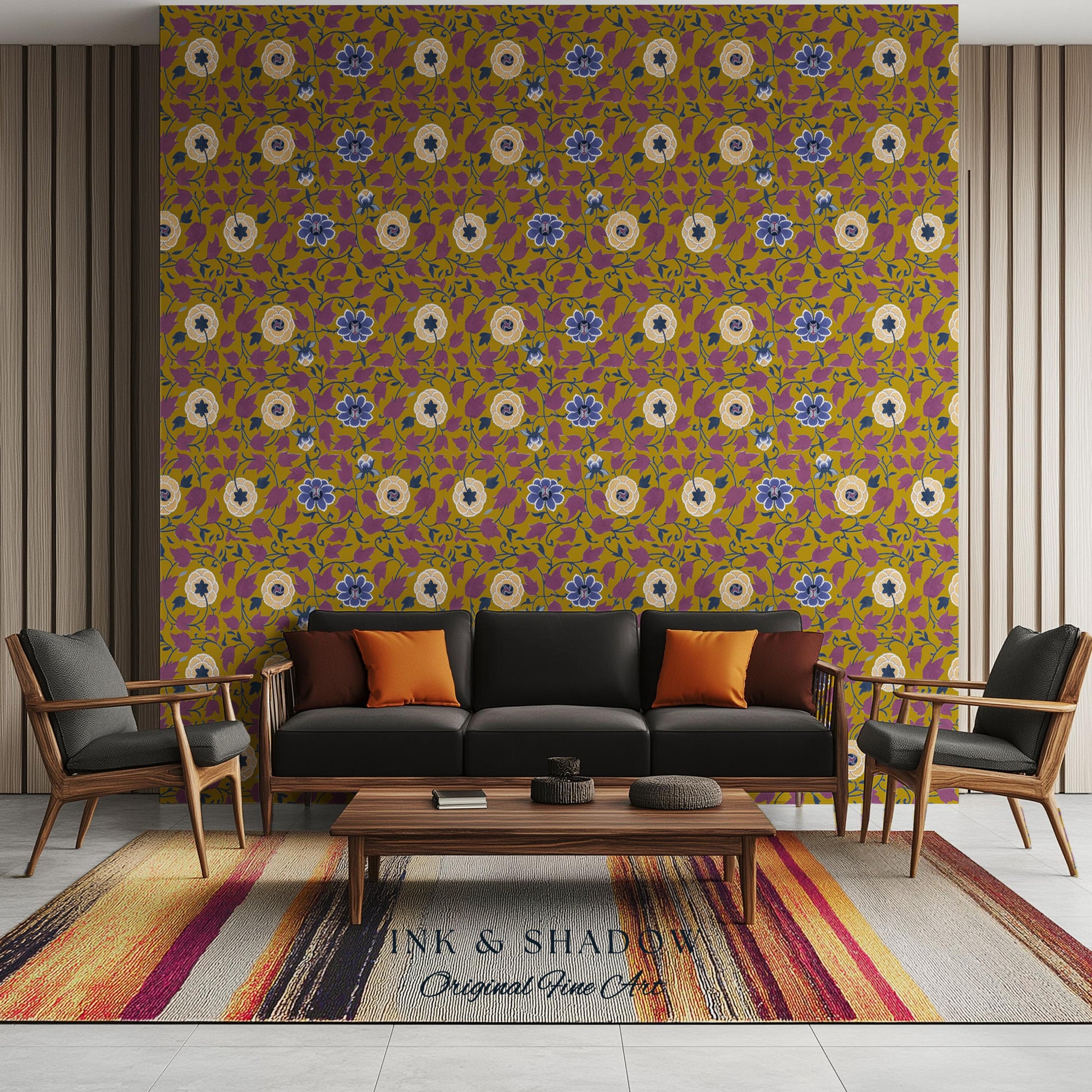 Small-Scale Floral Mustard Wallpaper | Vintage Botanical Detailed Wall Art Peel and Stick Bedroom Timeless Modern Appeal Renter Friendly |