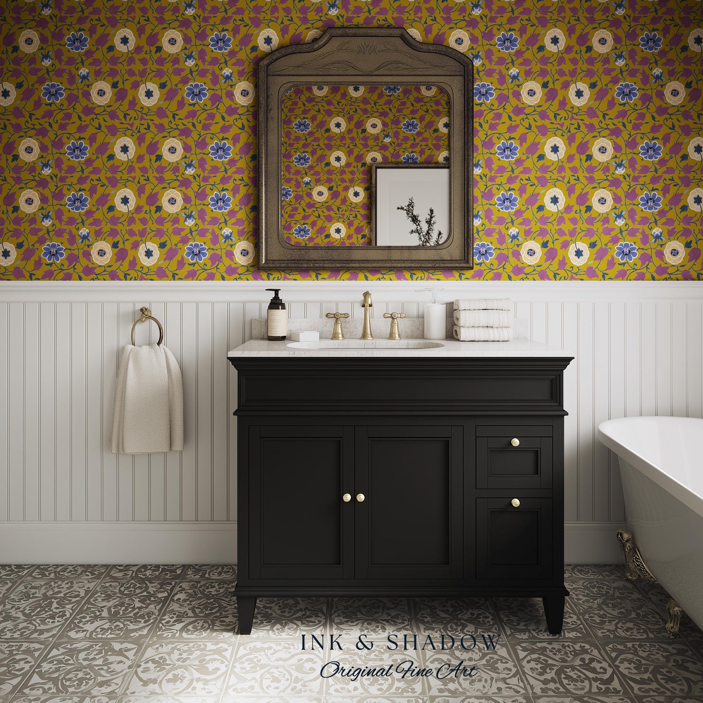 Small-Scale Floral Mustard Wallpaper | Vintage Botanical Detailed Wall Art Peel and Stick Bedroom Timeless Modern Appeal Renter Friendly |