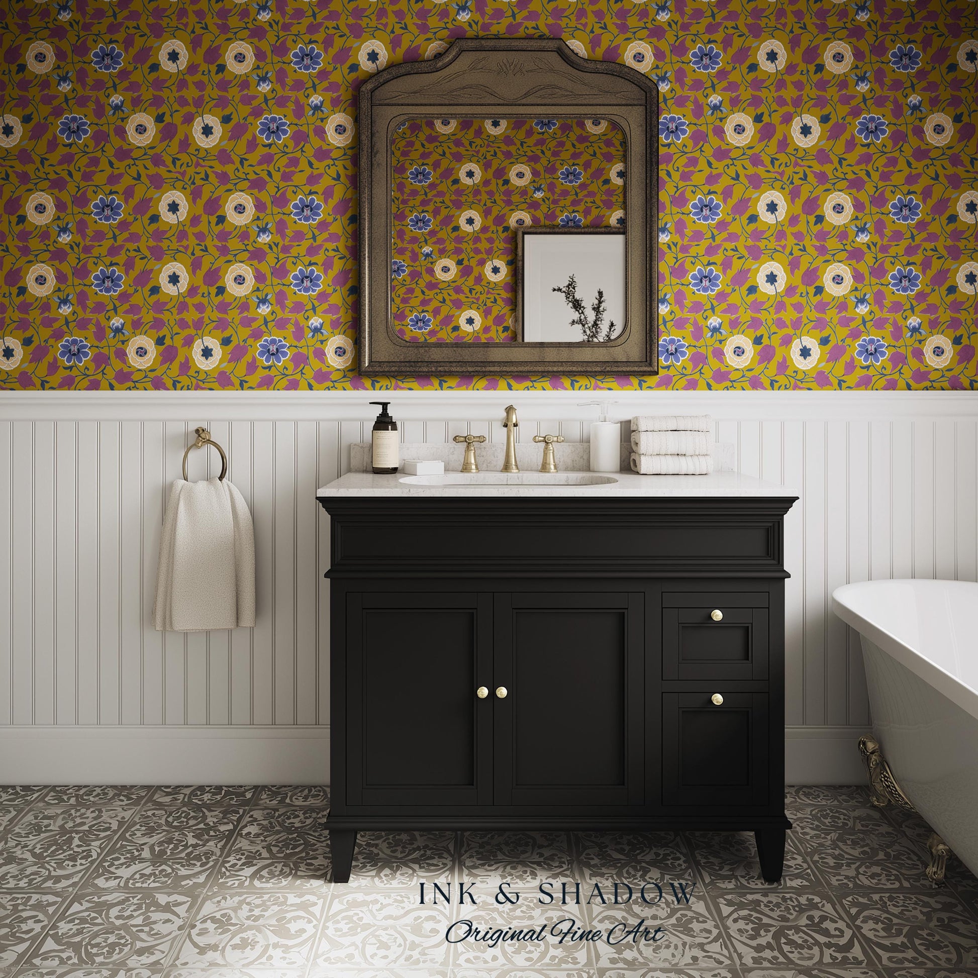 Small-Scale Floral Mustard Wallpaper | Vintage Botanical Detailed Wall Art Peel and Stick Bedroom Timeless Modern Appeal Renter Friendly |