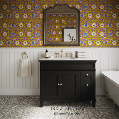 Small-Scale Floral Mustard Wallpaper | Vintage Botanical Detailed Wall Art Peel and Stick Bedroom Timeless Modern Appeal Renter Friendly |