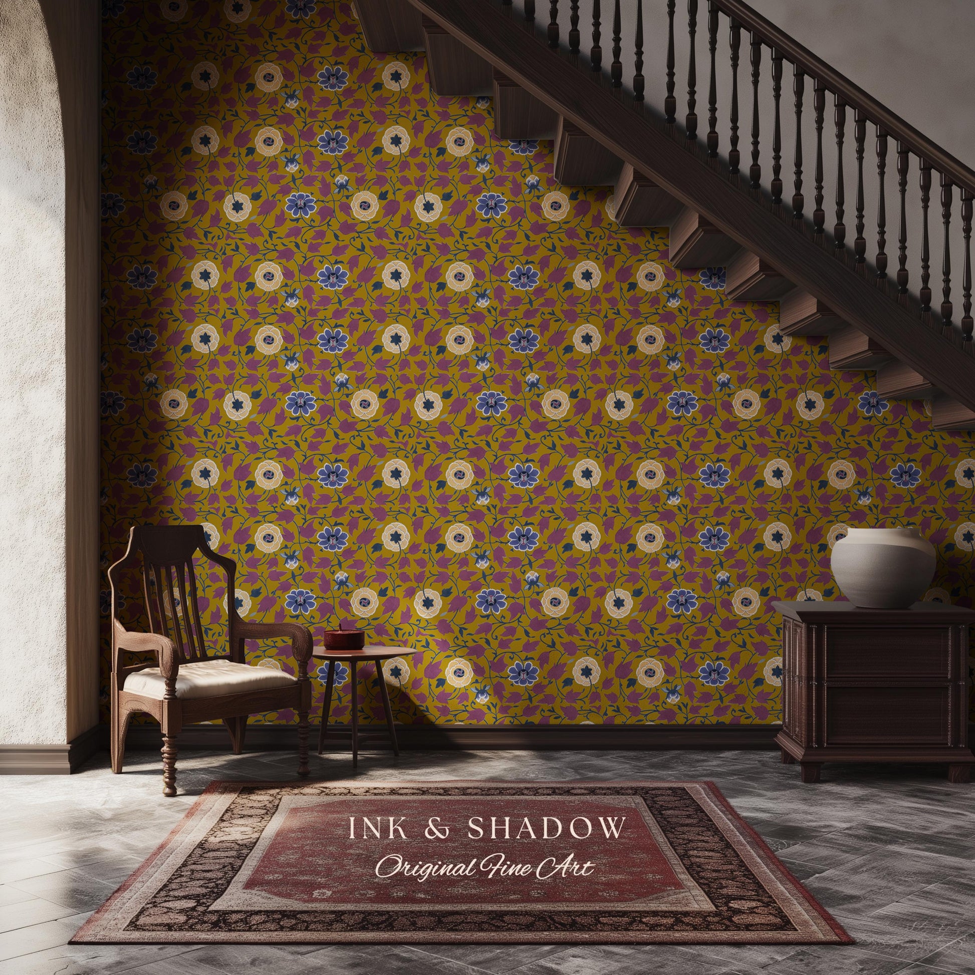 Small-Scale Floral Mustard Wallpaper | Vintage Botanical Detailed Wall Art Peel and Stick Bedroom Timeless Modern Appeal Renter Friendly |