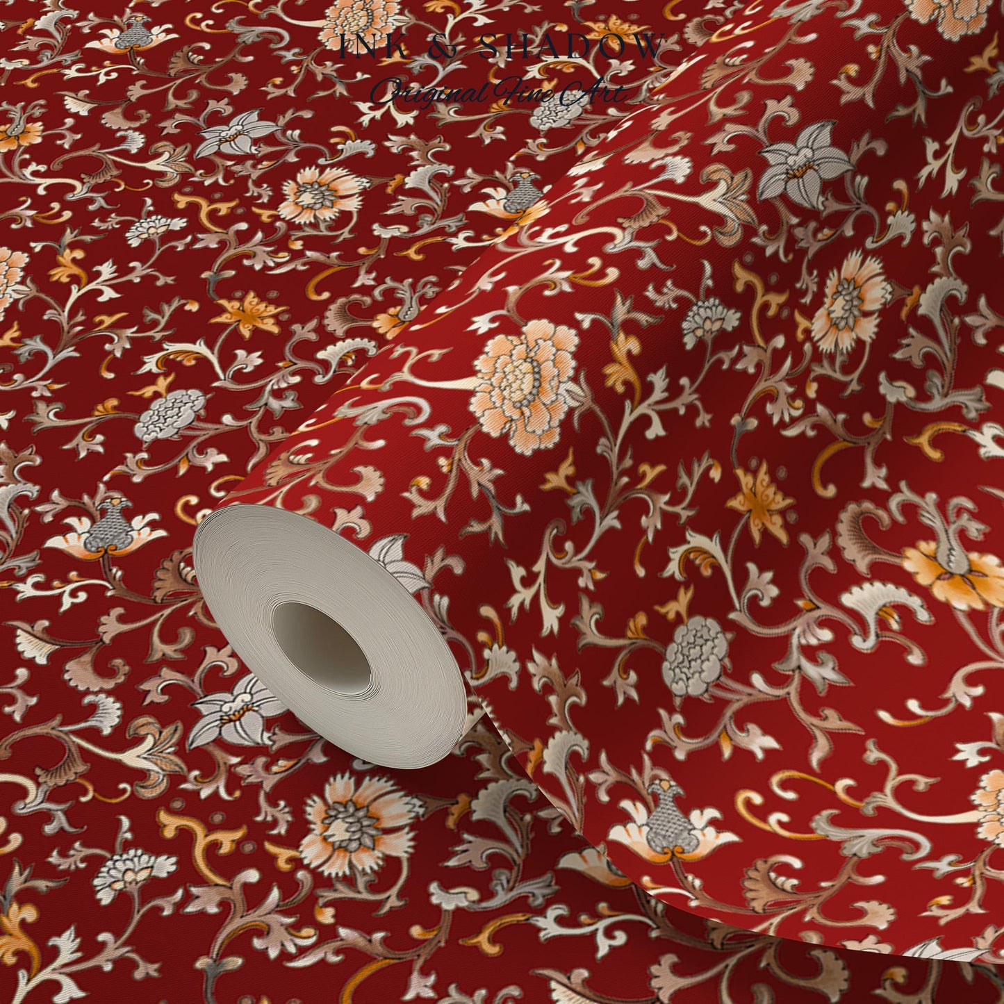 Traditional Heritage Rich Red Wallpaper | Classical Botanical Crimson Chinoiserie Intricate Vines Baroque Bedroom Peel and Stick Ornate