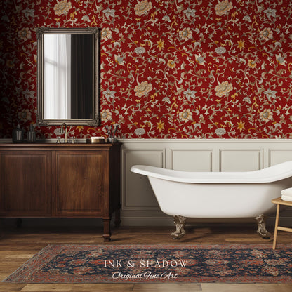 Traditional Heritage Rich Red Wallpaper | Classical Botanical Crimson Chinoiserie Intricate Vines Baroque Bedroom Peel and Stick Ornate