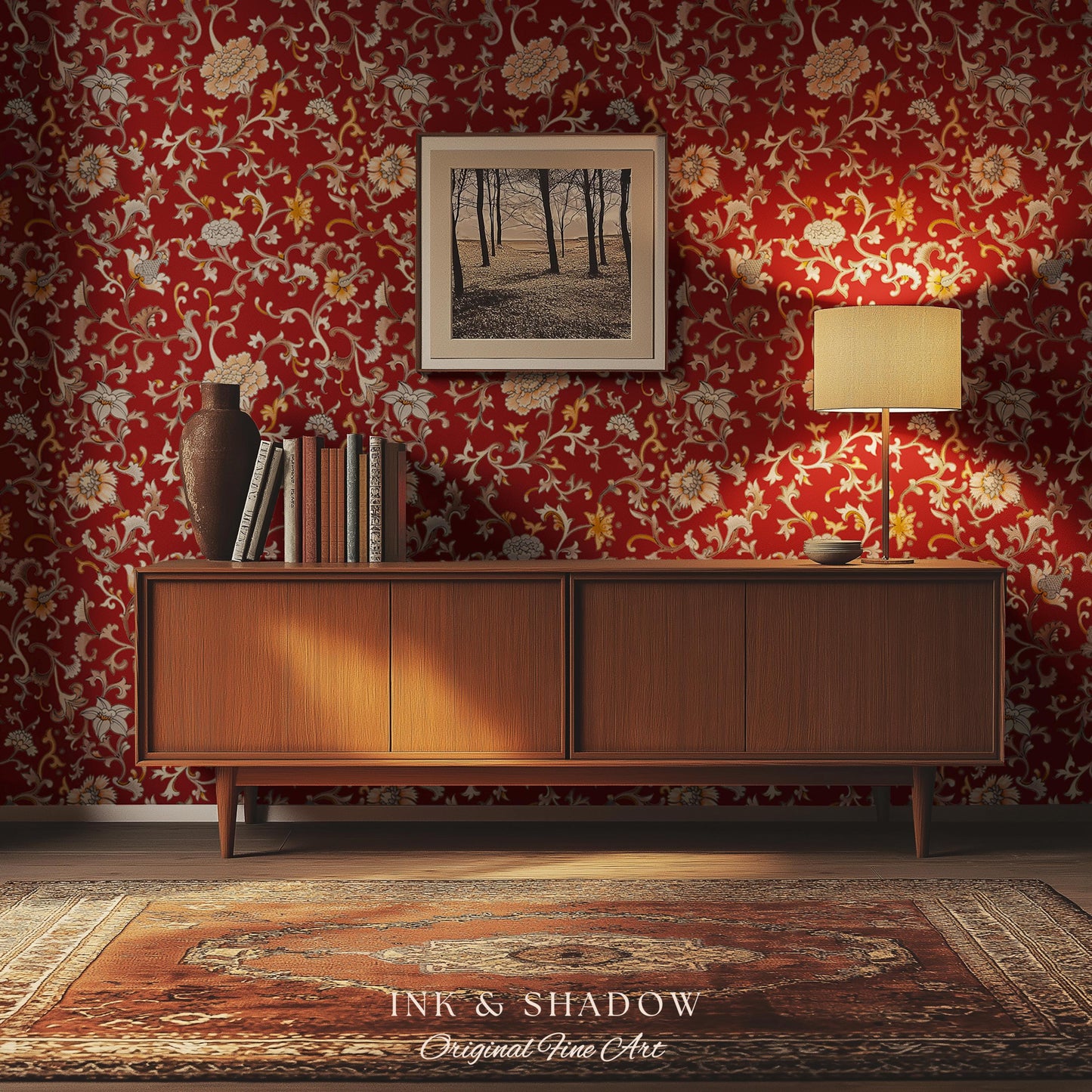 Traditional Heritage Rich Red Wallpaper | Classical Botanical Crimson Chinoiserie Intricate Vines Baroque Bedroom Peel and Stick Ornate