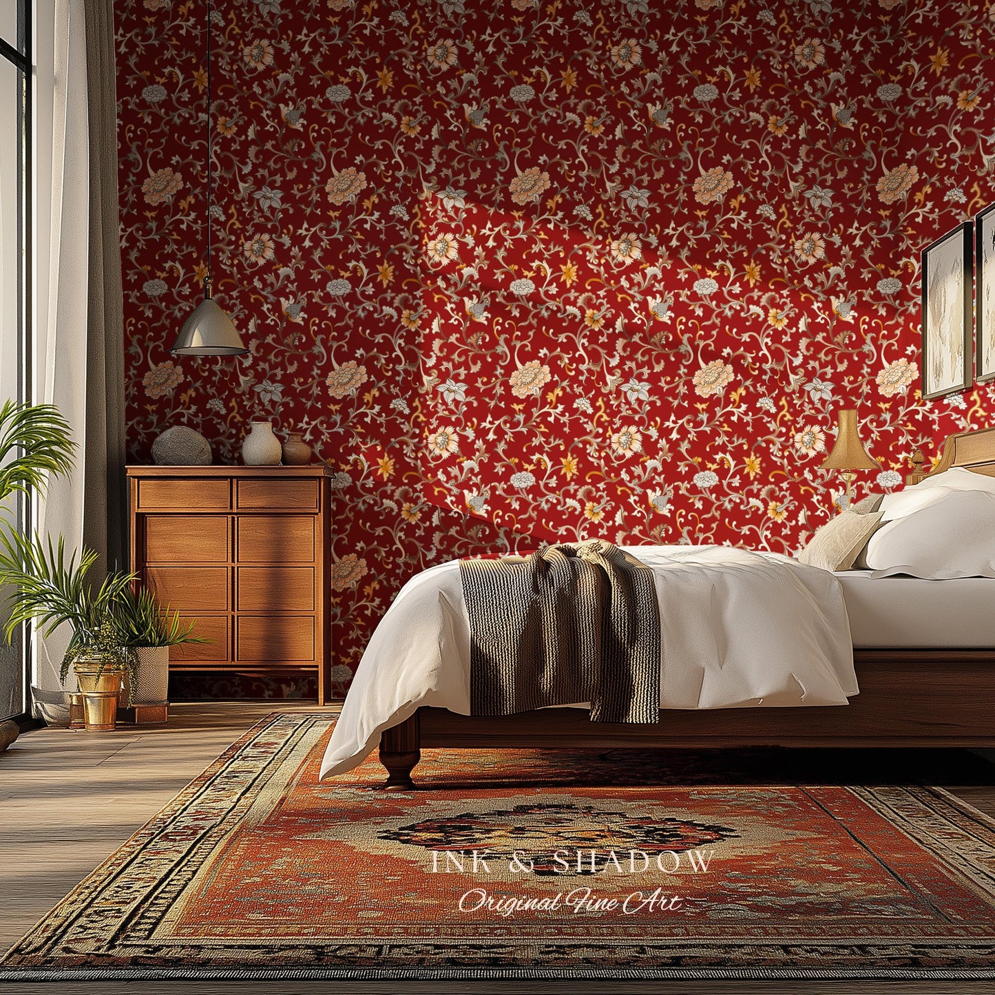 Traditional Heritage Rich Red Wallpaper | Classical Botanical Crimson Chinoiserie Intricate Vines Baroque Bedroom Peel and Stick Ornate