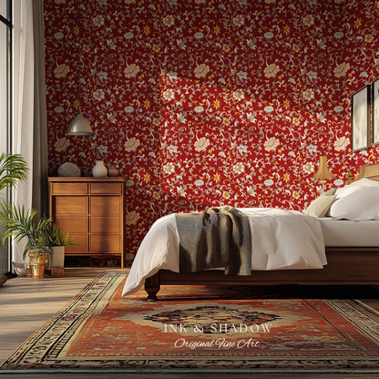 Traditional Heritage Rich Red Wallpaper | Classical Botanical Crimson Chinoiserie Intricate Vines Baroque Bedroom Peel and Stick Ornate