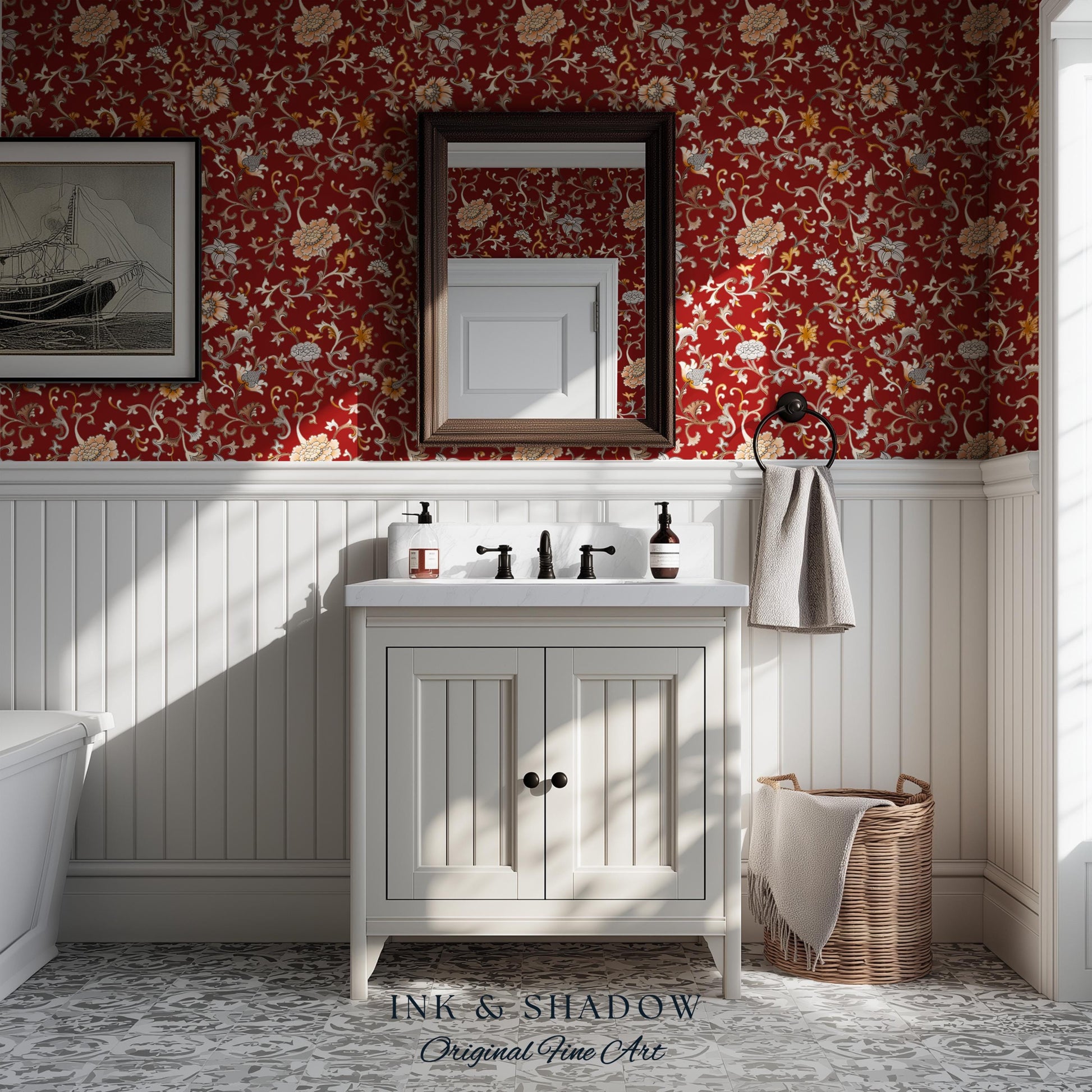 Traditional Heritage Rich Red Wallpaper | Classical Botanical Crimson Chinoiserie Intricate Vines Baroque Bedroom Peel and Stick Ornate