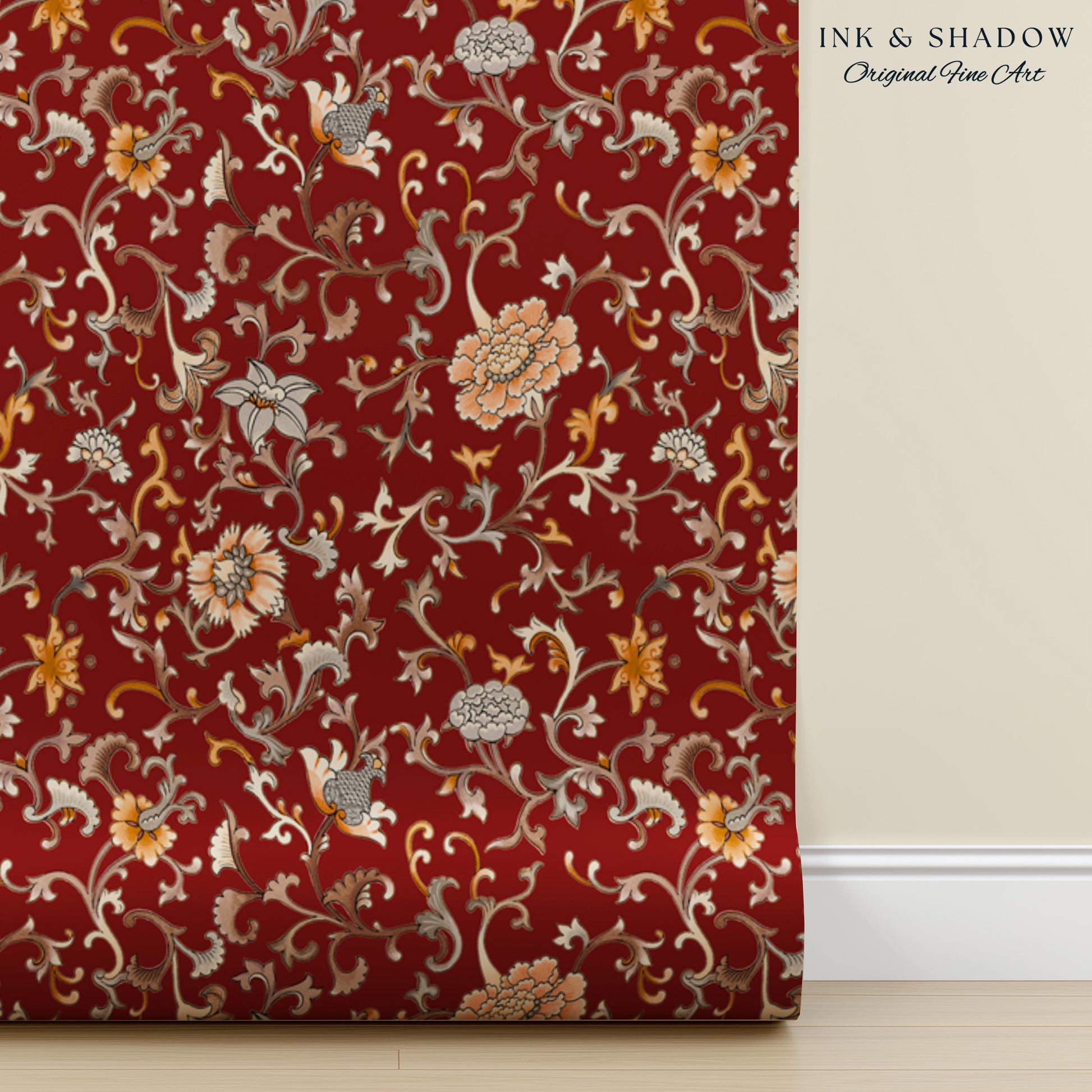 Traditional Heritage Rich Red Wallpaper | Classical Botanical Crimson Chinoiserie Intricate Vines Baroque Bedroom Peel and Stick Ornate