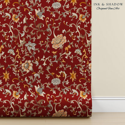 Traditional Heritage Rich Red Wallpaper | Classical Botanical Crimson Chinoiserie Intricate Vines Baroque Bedroom Peel and Stick Ornate