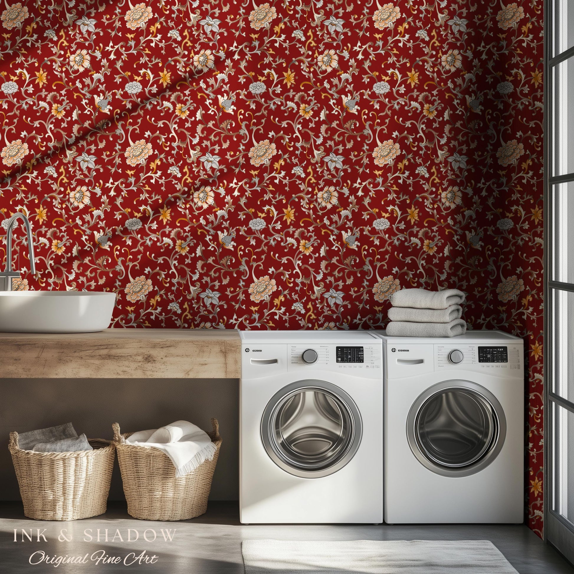 Traditional Heritage Rich Red Wallpaper | Classical Botanical Crimson Chinoiserie Intricate Vines Baroque Bedroom Peel and Stick Ornate