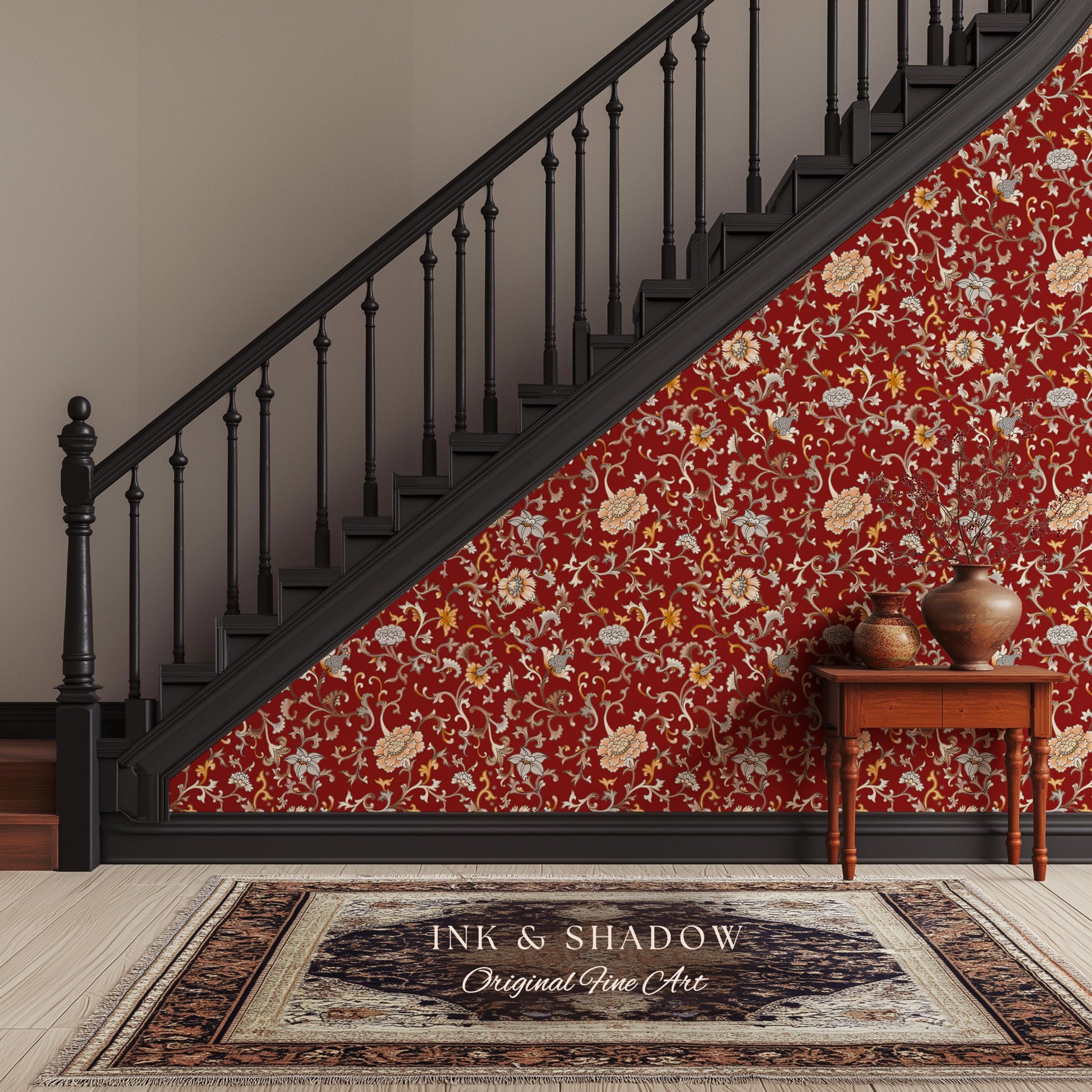 Traditional Heritage Rich Red Wallpaper | Classical Botanical Crimson Chinoiserie Intricate Vines Baroque Bedroom Peel and Stick Ornate