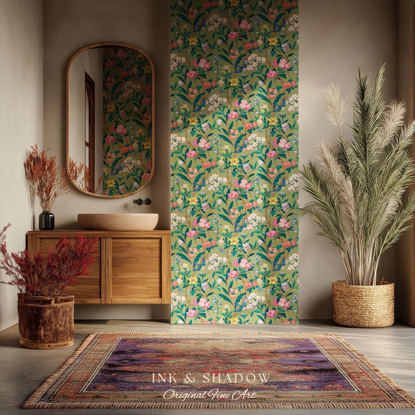 Elevated European Floral Print Wallpaper | Olive Green Chinoiserie Inspired Flowers and Birds Pattern Sophisticated Peel and Stick Wall Art