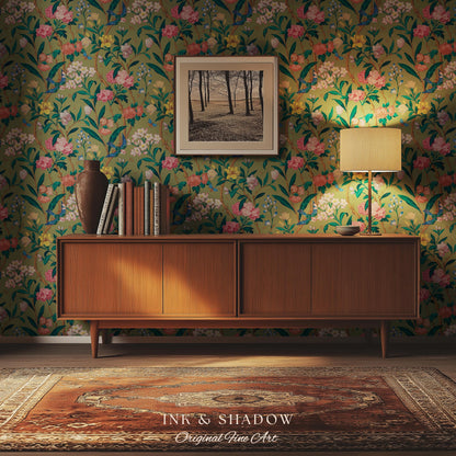 Elevated European Floral Print Wallpaper | Olive Green Chinoiserie Inspired Flowers and Birds Pattern Sophisticated Peel and Stick Wall Art