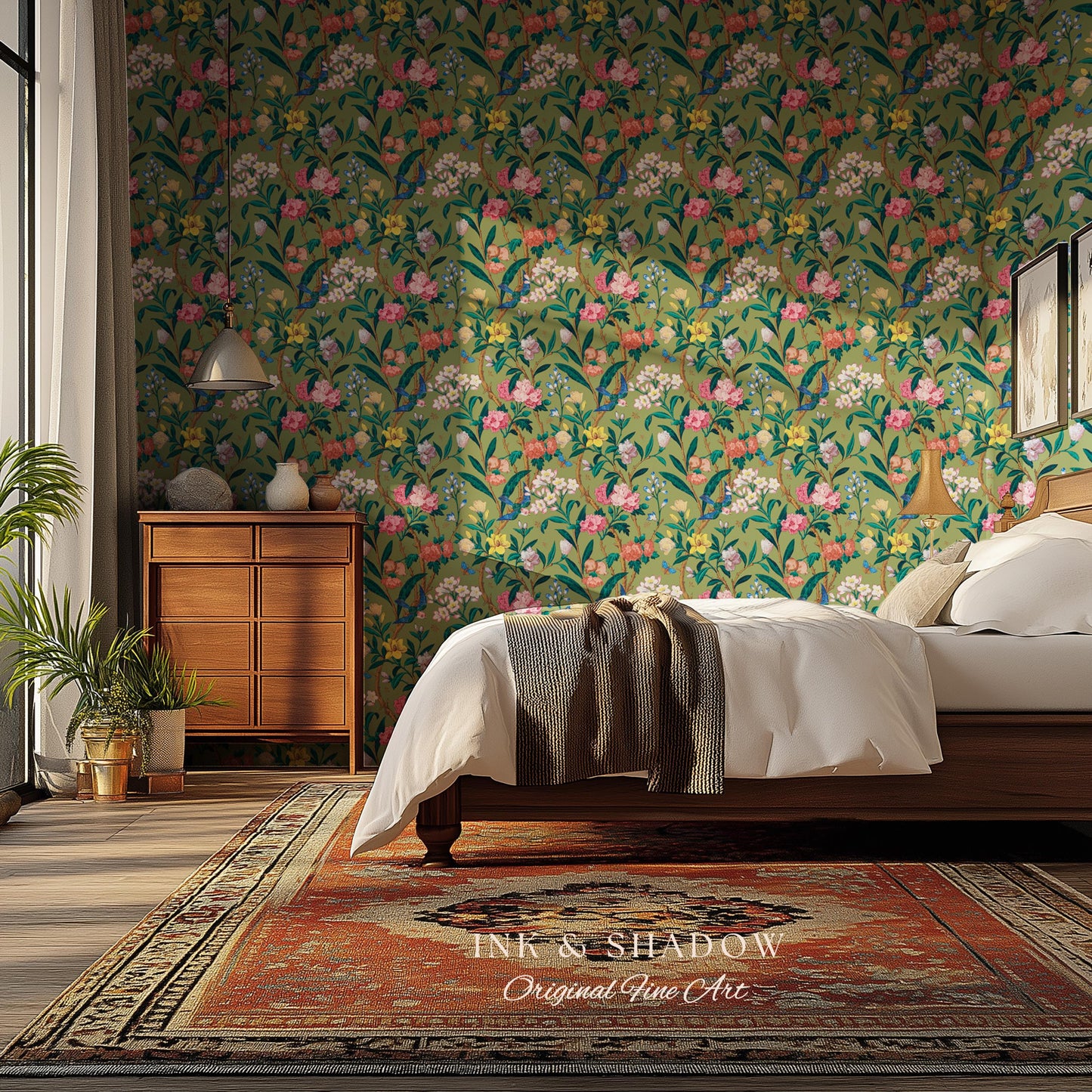 Elevated European Floral Print Wallpaper | Olive Green Chinoiserie Inspired Flowers and Birds Pattern Sophisticated Peel and Stick Wall Art