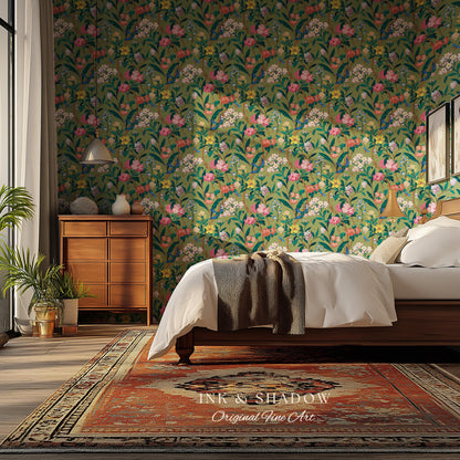 Elevated European Floral Print Wallpaper | Olive Green Chinoiserie Inspired Flowers and Birds Pattern Sophisticated Peel and Stick Wall Art