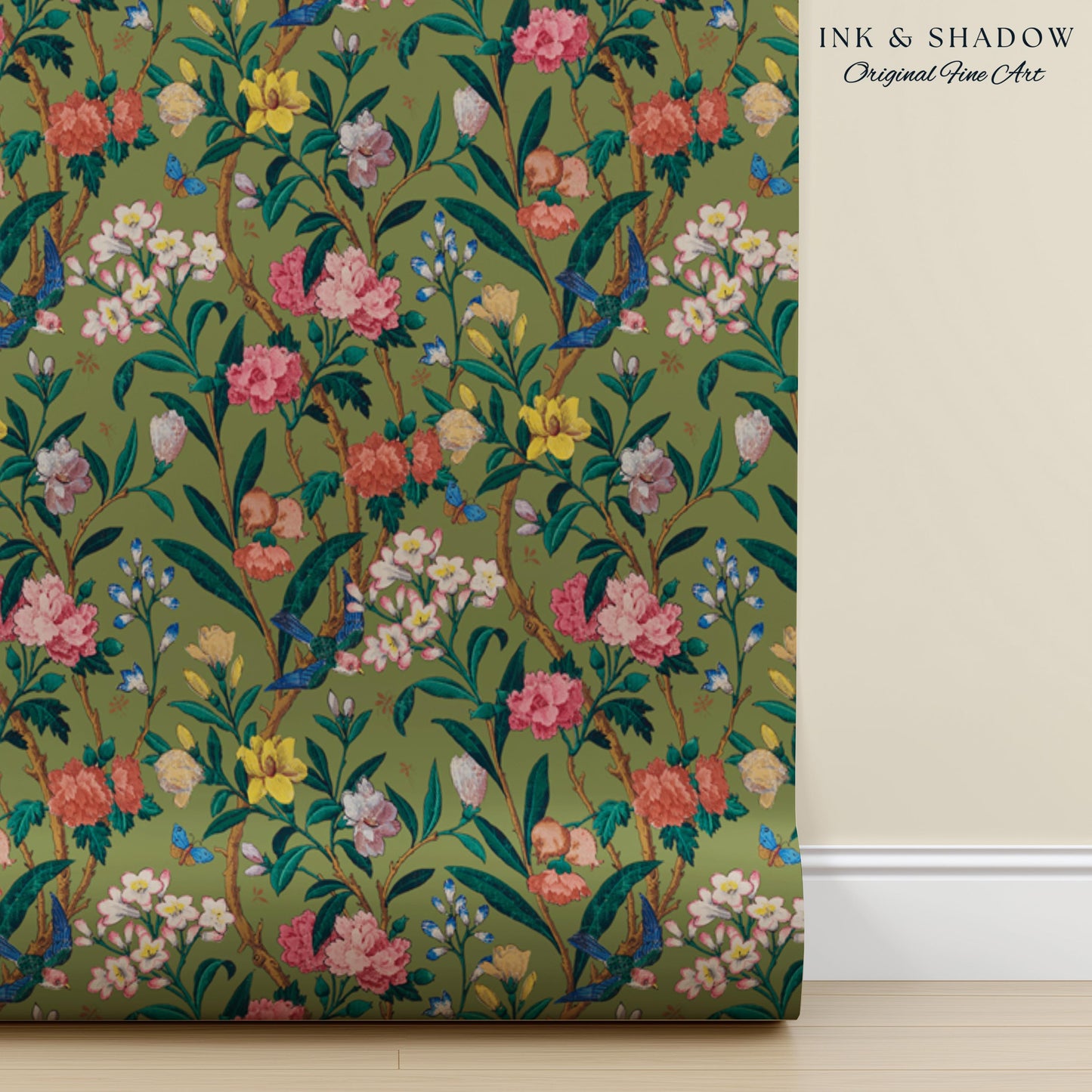 Elevated European Floral Print Wallpaper | Olive Green Chinoiserie Inspired Flowers and Birds Pattern Sophisticated Peel and Stick Wall Art