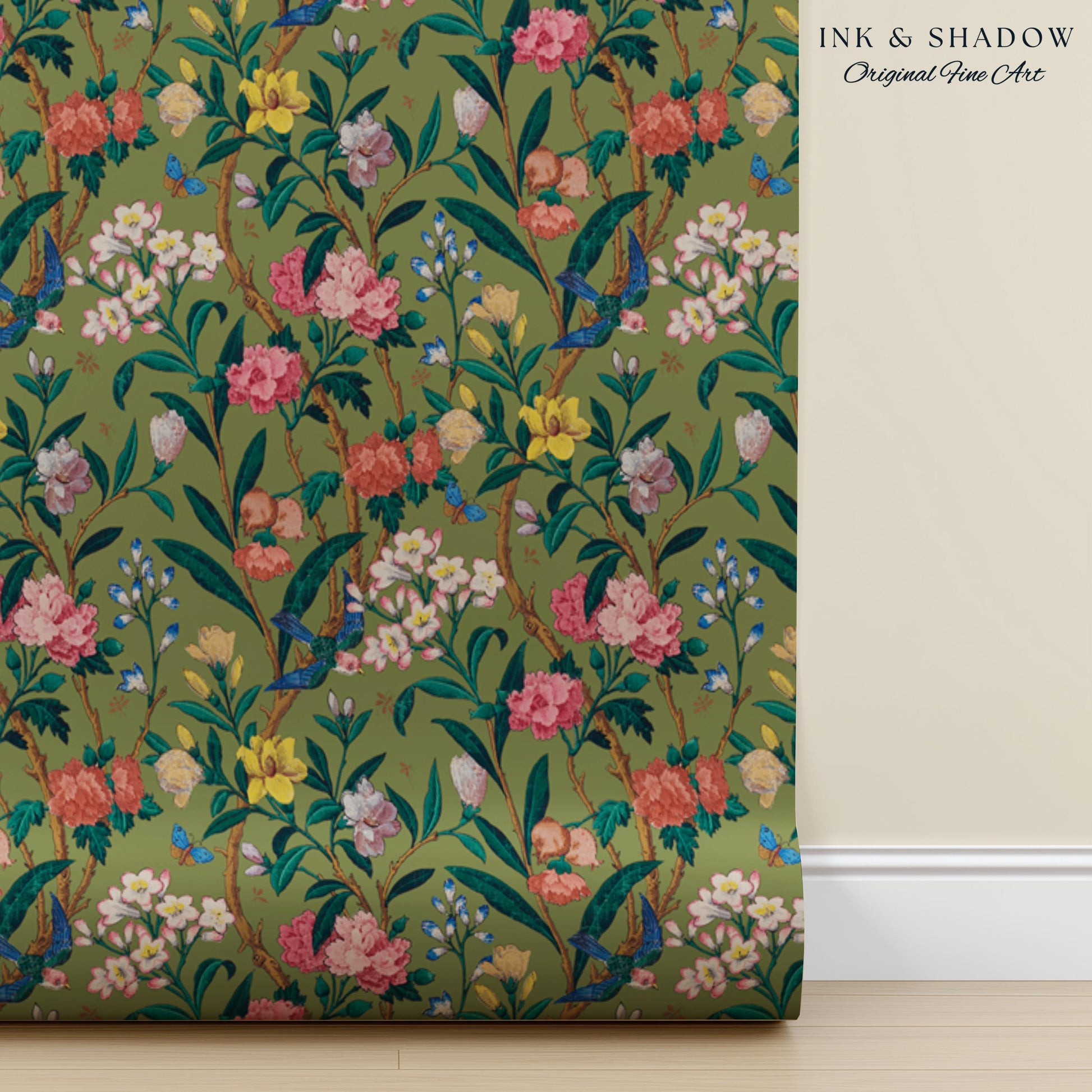 Elevated European Floral Print Wallpaper | Olive Green Chinoiserie Inspired Flowers and Birds Pattern Sophisticated Peel and Stick Wall Art