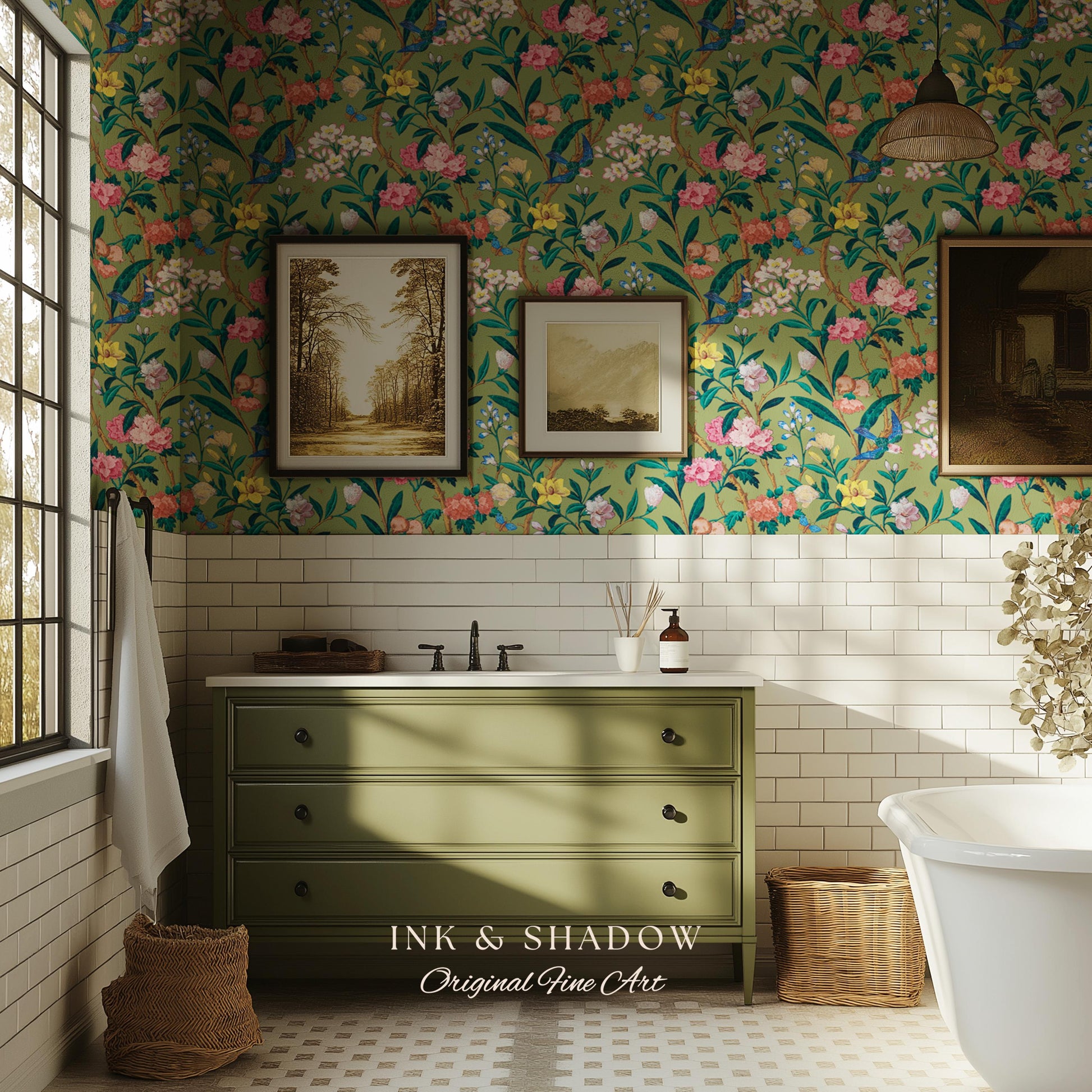 Elevated European Floral Print Wallpaper | Olive Green Chinoiserie Inspired Flowers and Birds Pattern Sophisticated Peel and Stick Wall Art