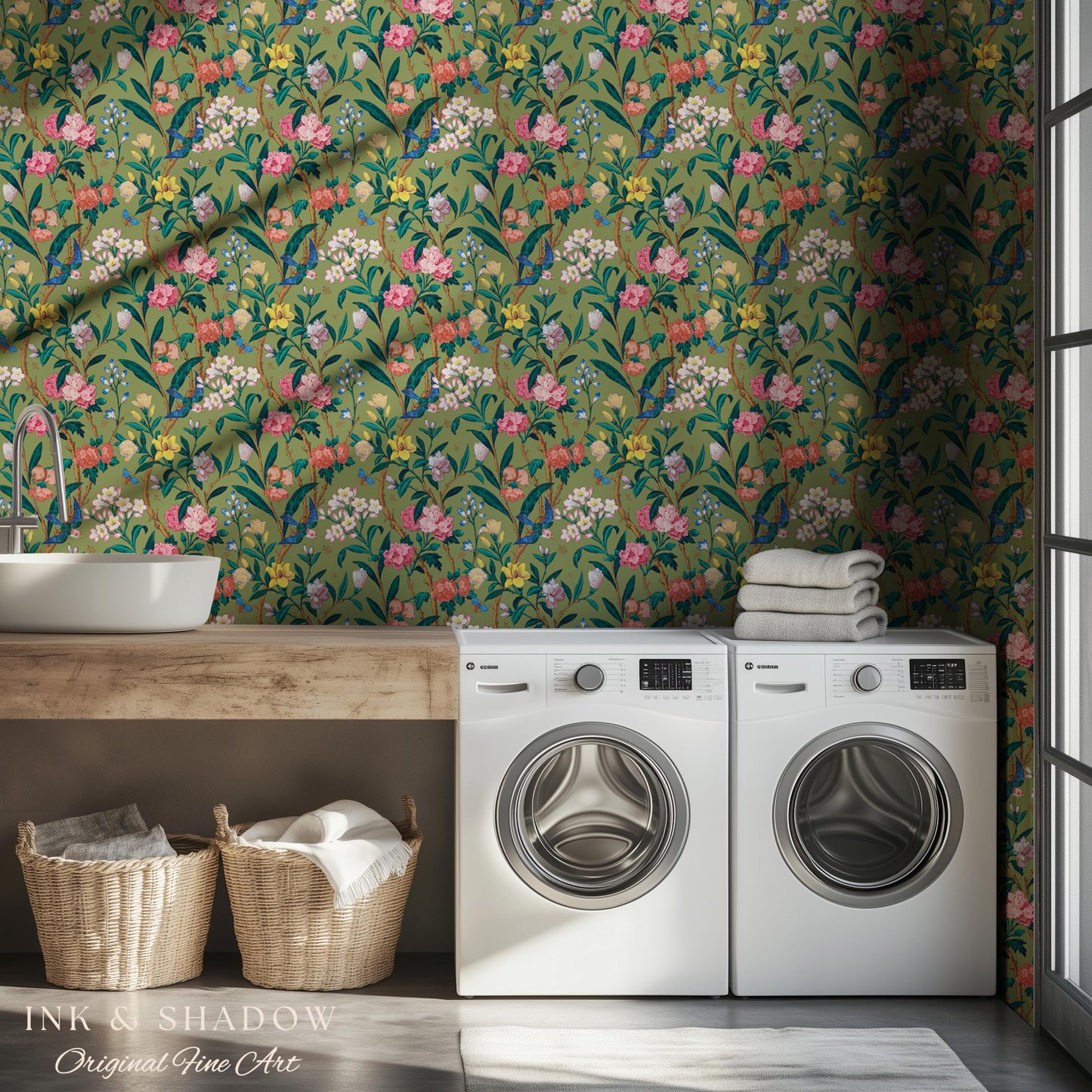 Elevated European Floral Print Wallpaper | Olive Green Chinoiserie Inspired Flowers and Birds Pattern Sophisticated Peel and Stick Wall Art