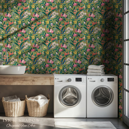 Elevated European Floral Print Wallpaper | Olive Green Chinoiserie Inspired Flowers and Birds Pattern Sophisticated Peel and Stick Wall Art