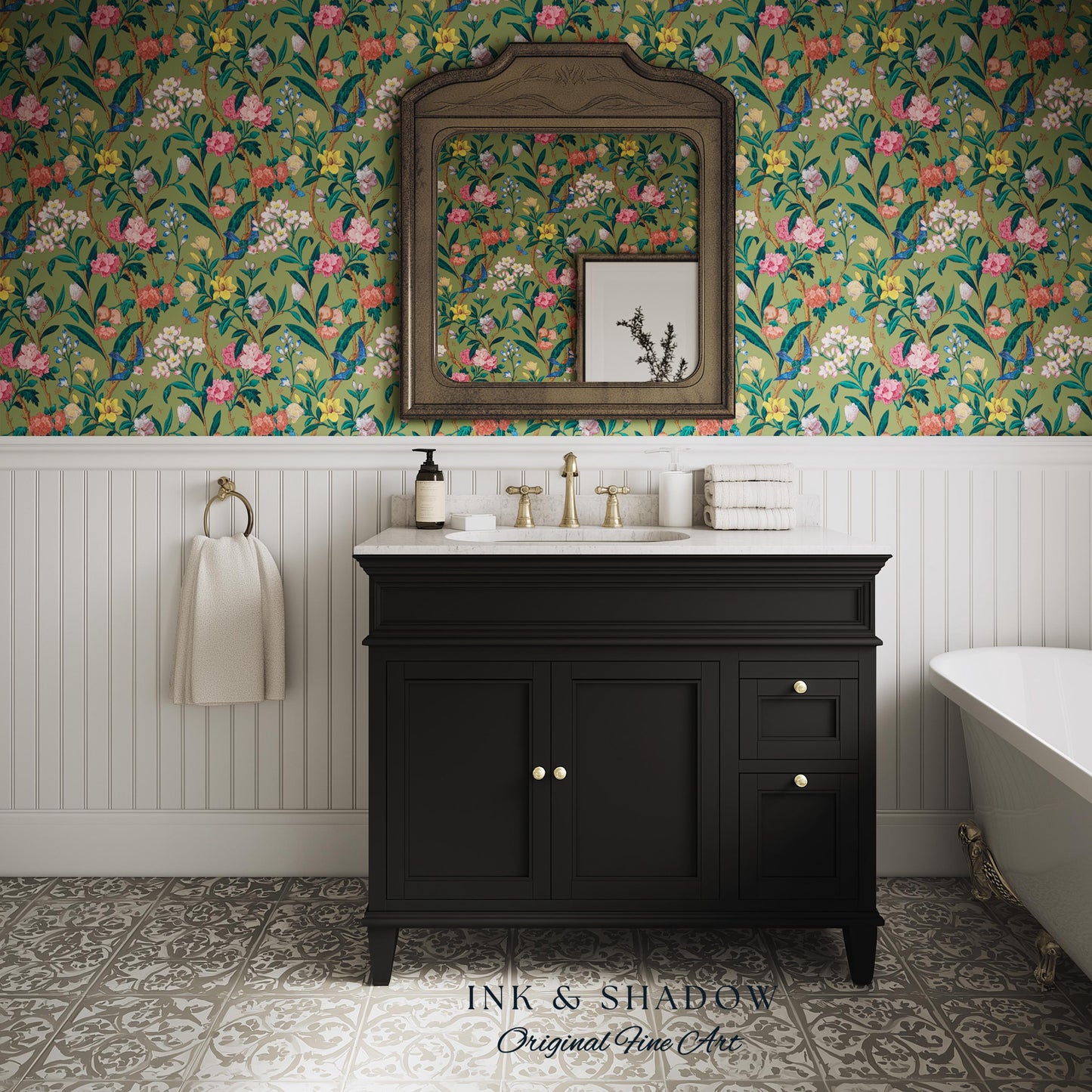 Elevated European Floral Print Wallpaper | Olive Green Chinoiserie Inspired Flowers and Birds Pattern Sophisticated Peel and Stick Wall Art