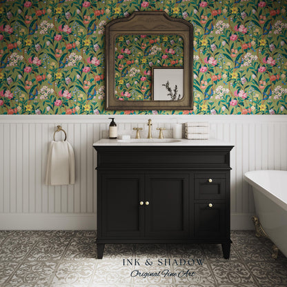 Elevated European Floral Print Wallpaper | Olive Green Chinoiserie Inspired Flowers and Birds Pattern Sophisticated Peel and Stick Wall Art