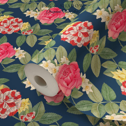 High Contrast Floral Stripe Wallpaper | Vertical Botanical Statement Wall Bold Bedroom Accent Renter Friendly Home Decor Roses Navy Blue