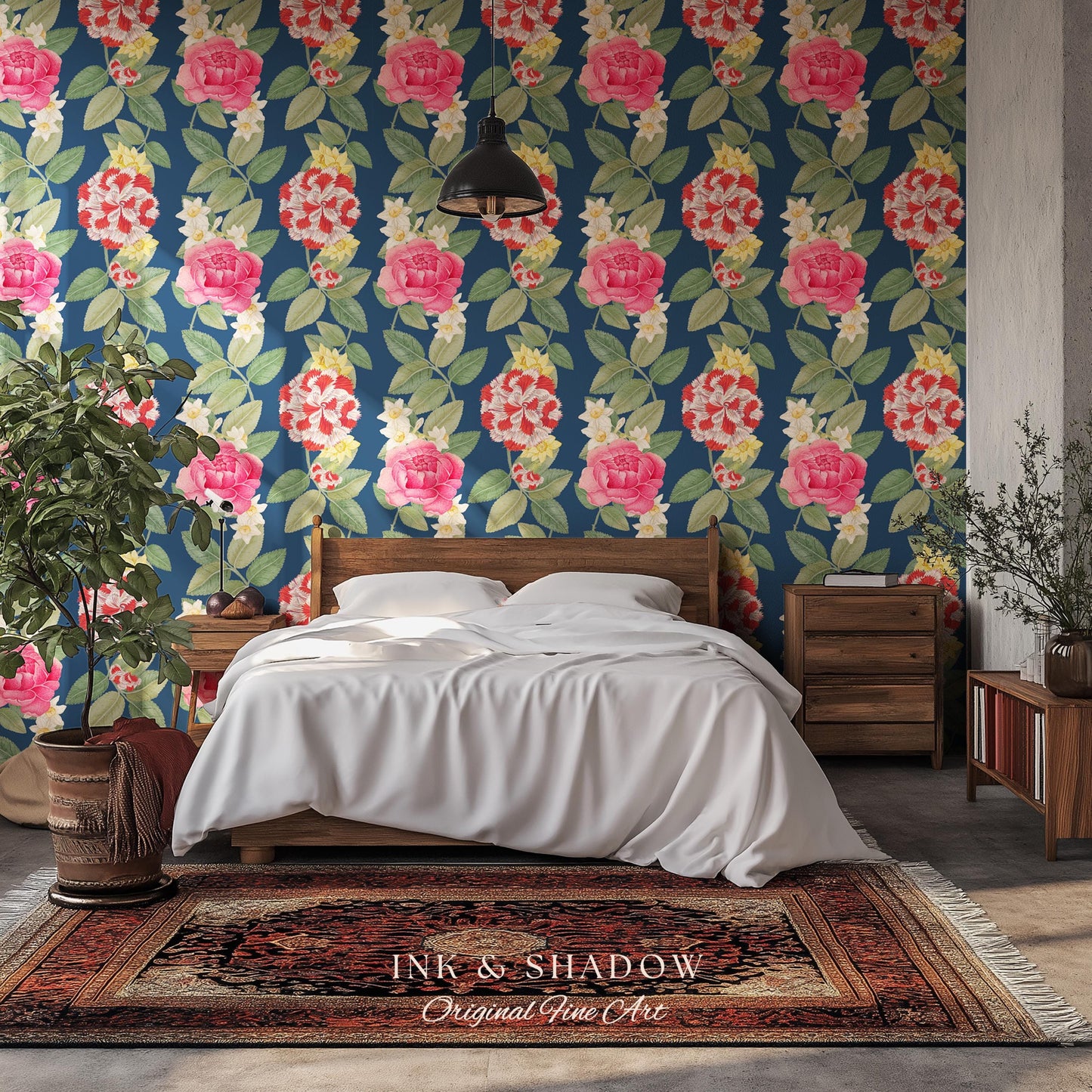 High Contrast Floral Stripe Wallpaper | Vertical Botanical Statement Wall Bold Bedroom Accent Renter Friendly Home Decor Roses Navy Blue