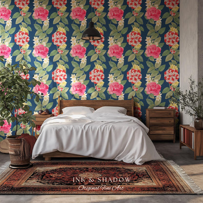 High Contrast Floral Stripe Wallpaper | Vertical Botanical Statement Wall Bold Bedroom Accent Renter Friendly Home Decor Roses Navy Blue