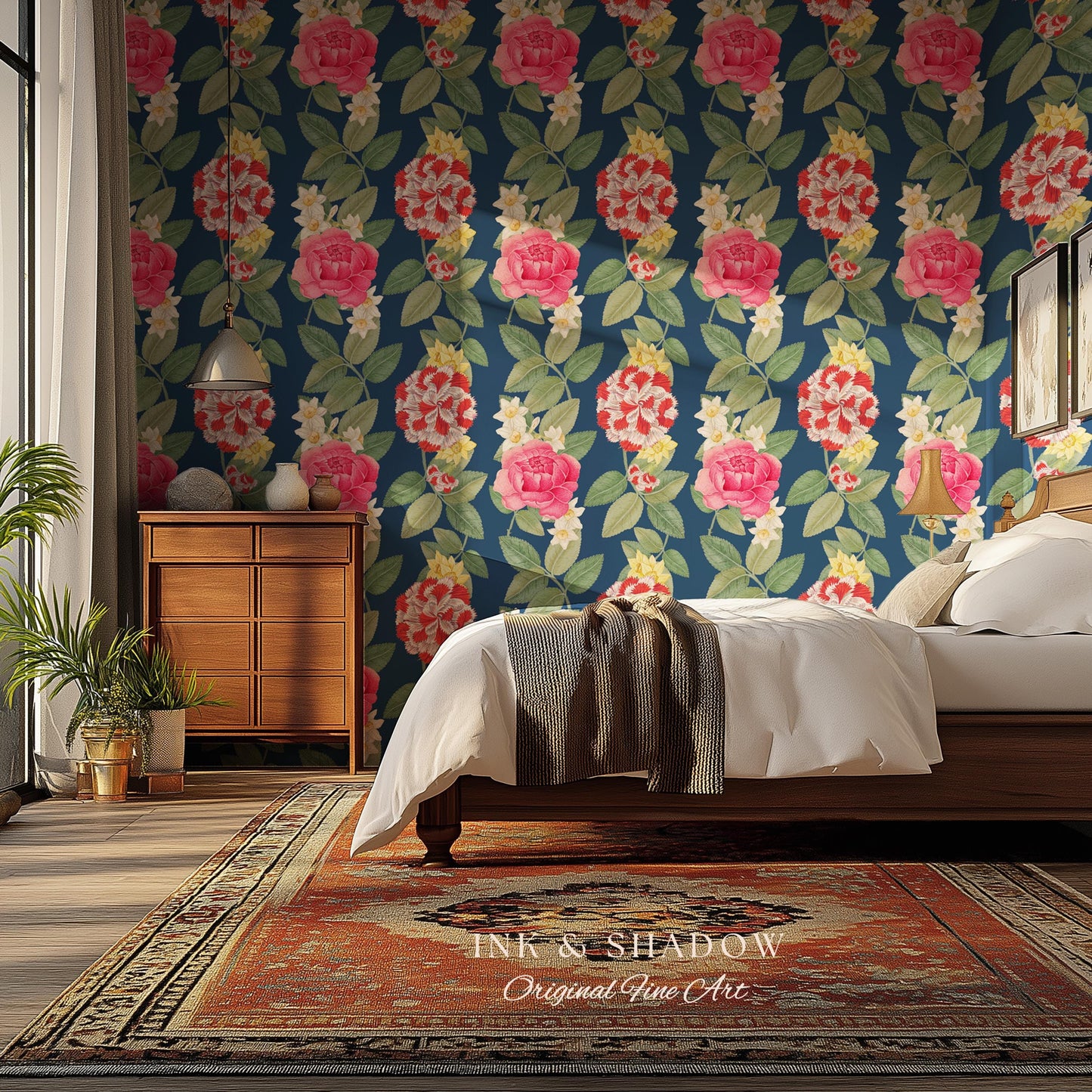High Contrast Floral Stripe Wallpaper | Vertical Botanical Statement Wall Bold Bedroom Accent Renter Friendly Home Decor Roses Navy Blue