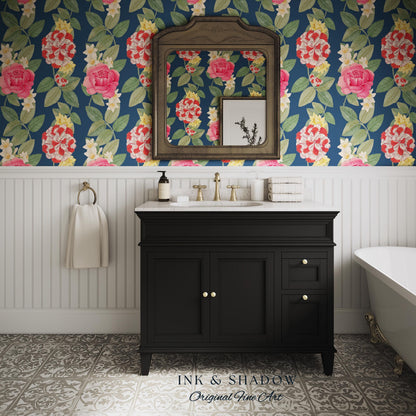 High Contrast Floral Stripe Wallpaper | Vertical Botanical Statement Wall Bold Bedroom Accent Renter Friendly Home Decor Roses Navy Blue