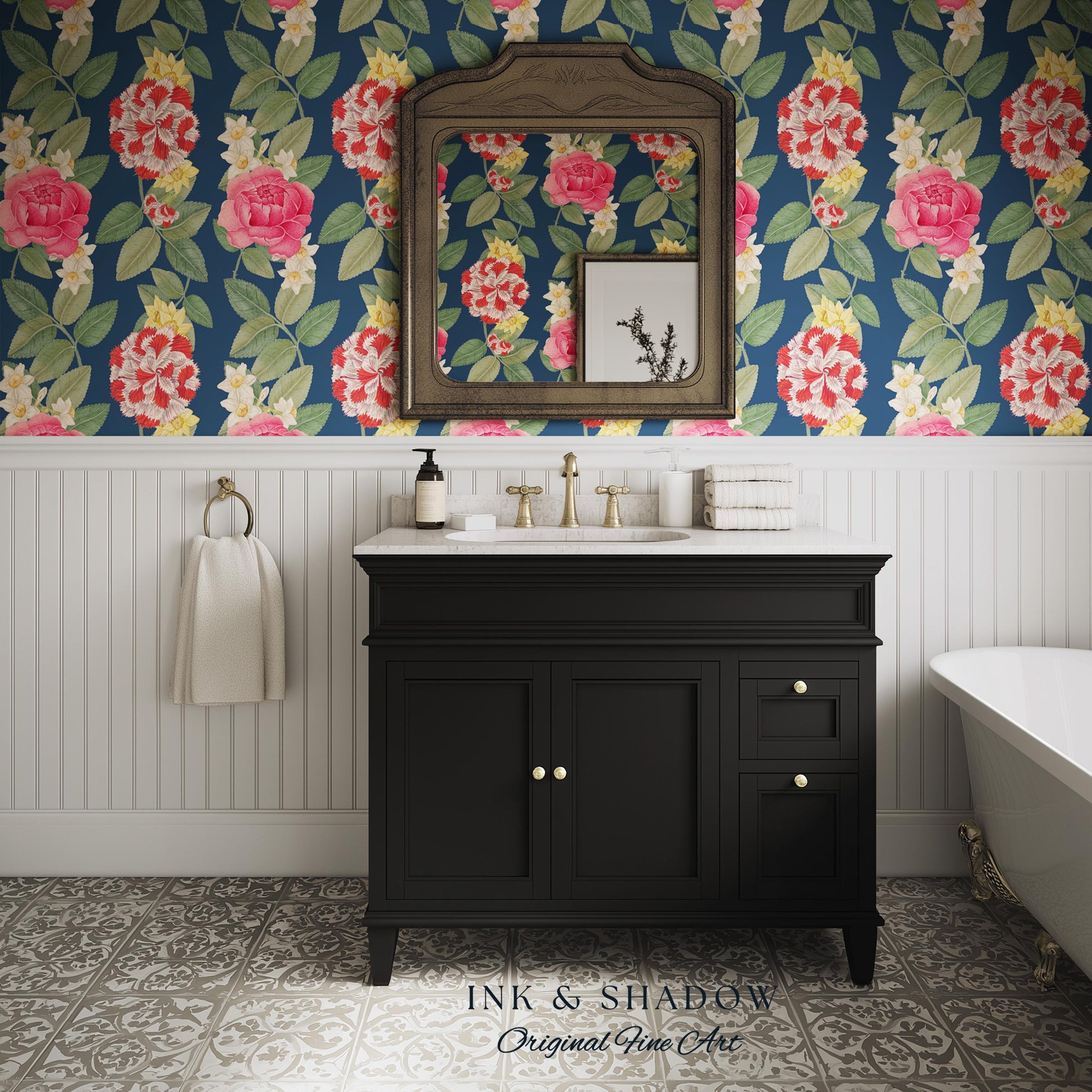 High Contrast Floral Stripe Wallpaper | Vertical Botanical Statement Wall Bold Bedroom Accent Renter Friendly Home Decor Roses Navy Blue