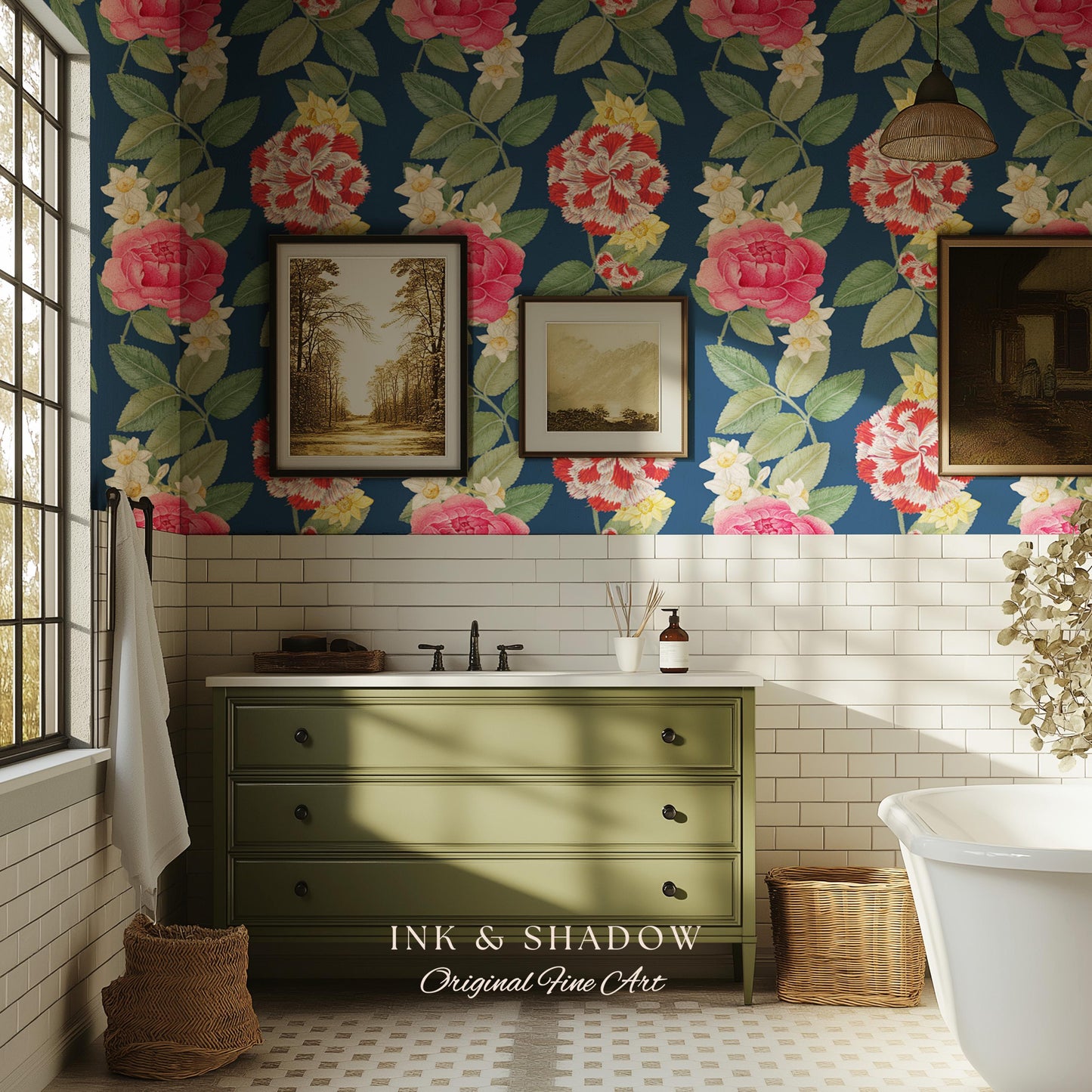 High Contrast Floral Stripe Wallpaper | Vertical Botanical Statement Wall Bold Bedroom Accent Renter Friendly Home Decor Roses Navy Blue